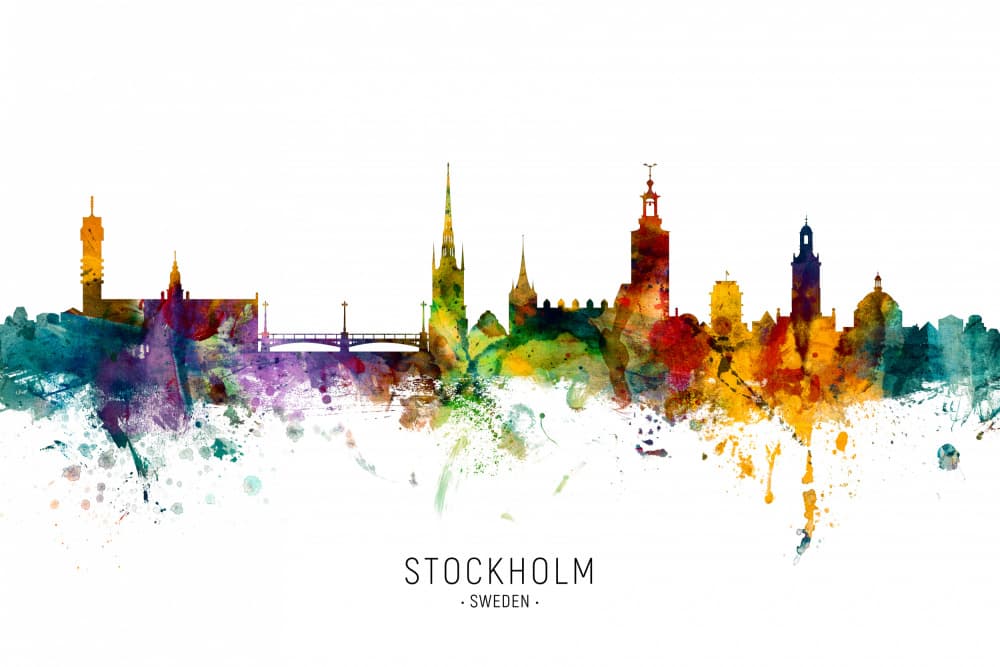 Stockholm Watercolor Skyline by Michael Tompsett — canvas wall art