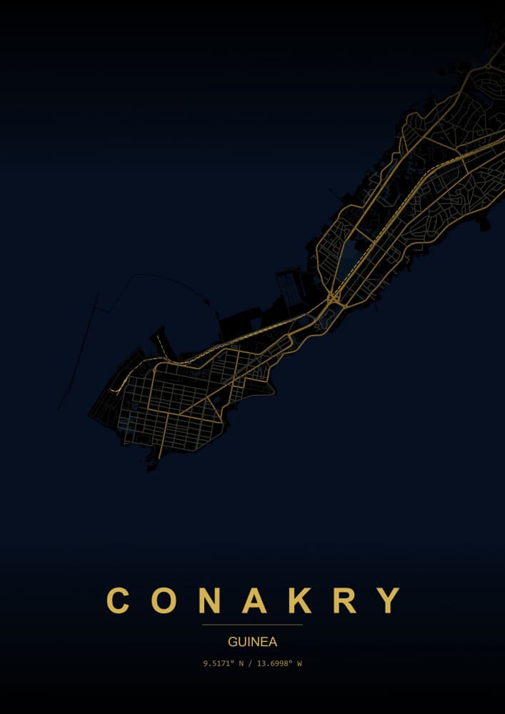 Golden Conakry Map by HUGO — canvas wall art