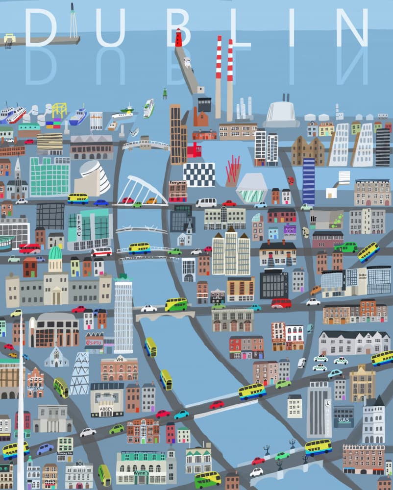 Vibrant Dublin City Map by Carla Daly — canvas wall art