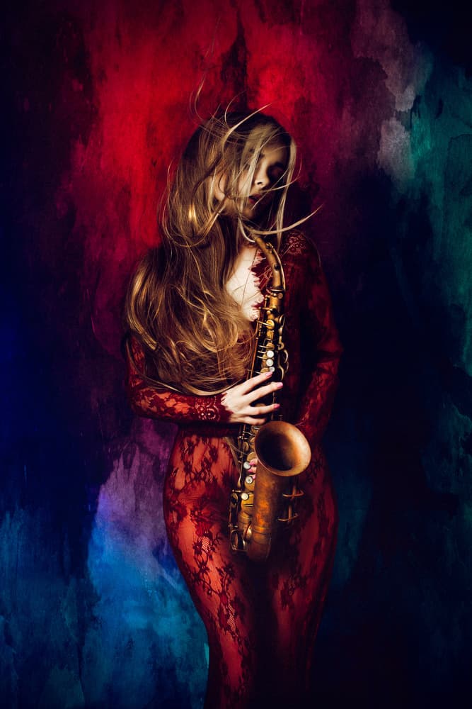 Red Lace Saxophone Player by Ruslan Bolgov — canvas wall art