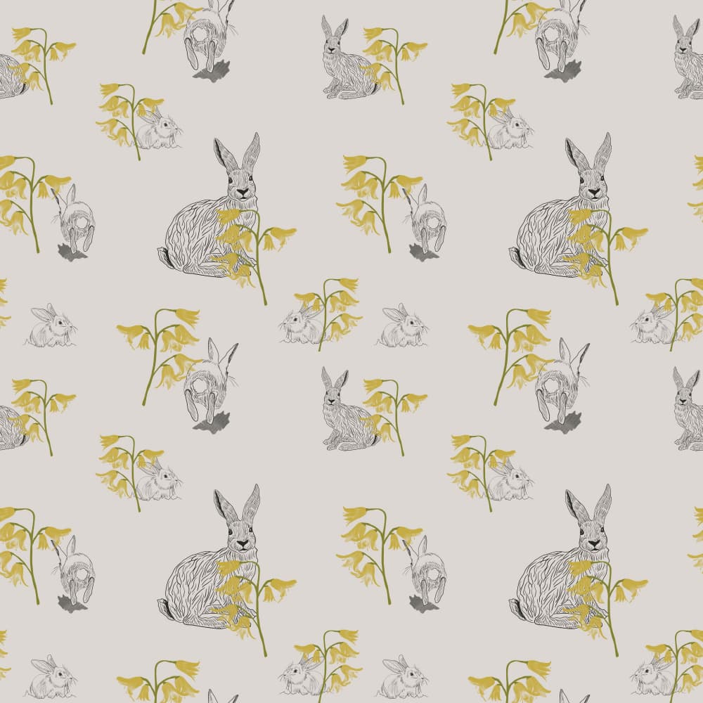 Bunnies and Yellow Bells by Charlotte Trudgett — canvas wall art