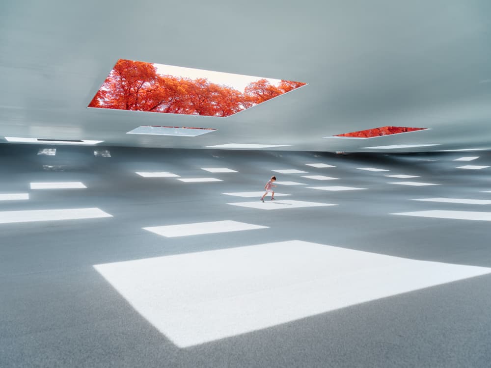 Red Trees Modern Architecture by Mitja Kobal — canvas wall art