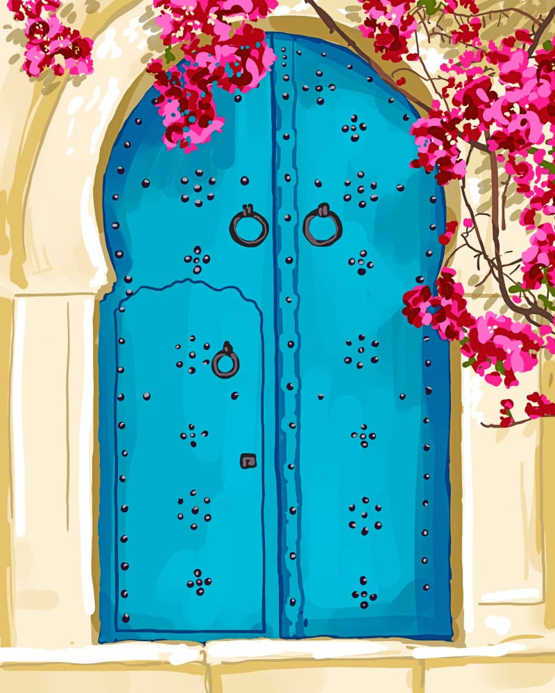 Blue Door and Bougainvillea by Uma Gokhale — canvas wall art