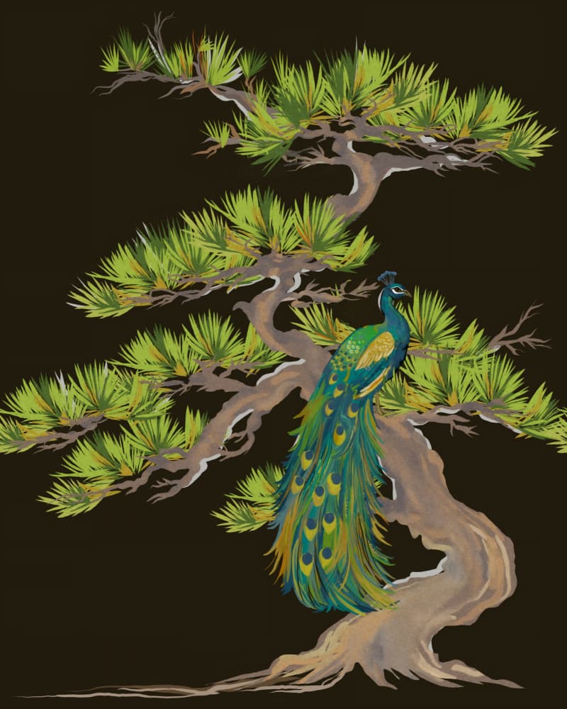 Peacock On Pine Branch by Josie George — canvas wall art