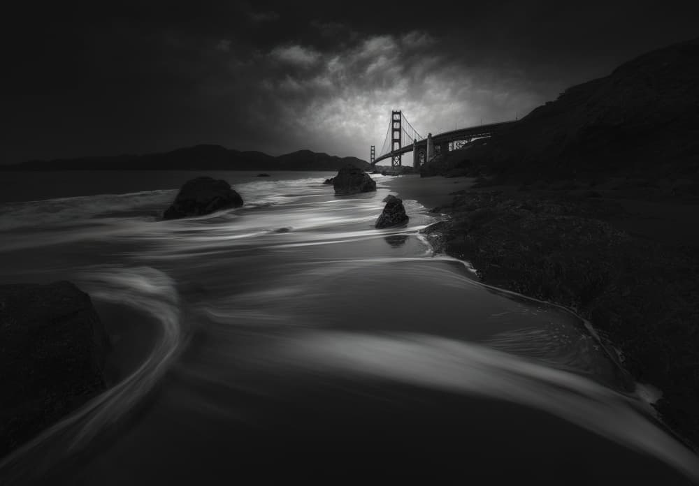 Golden Gate Stormy Shore by Aidong Ning — canvas wall art