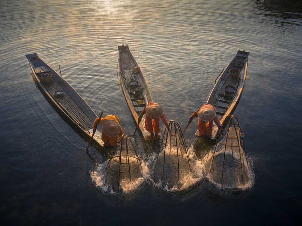 Fishermen On Golden Lake by woo jung choi — canvas wall art
