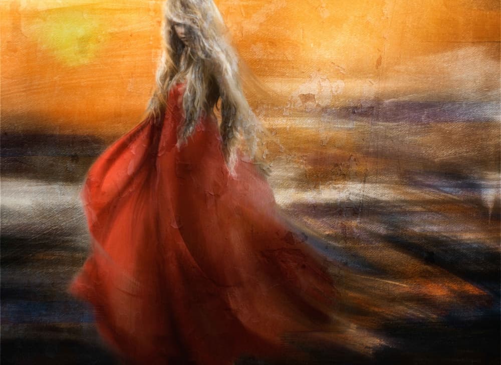 Woman In Red Sunset Dream by Charlaine Gerber — canvas wall art