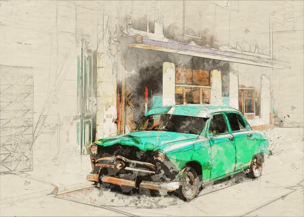 Vintage Green Car Sketch by Lembayung senja studio [Vintage Poster] — canvas wall art