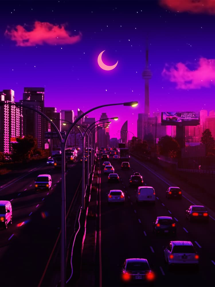Purple City Night Moon by Ritvik takkar — canvas wall art