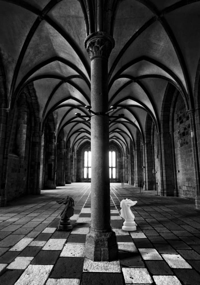 Gothic Hall Chess Knights by David Senechal Photographie (polydactyle) — canvas wall art