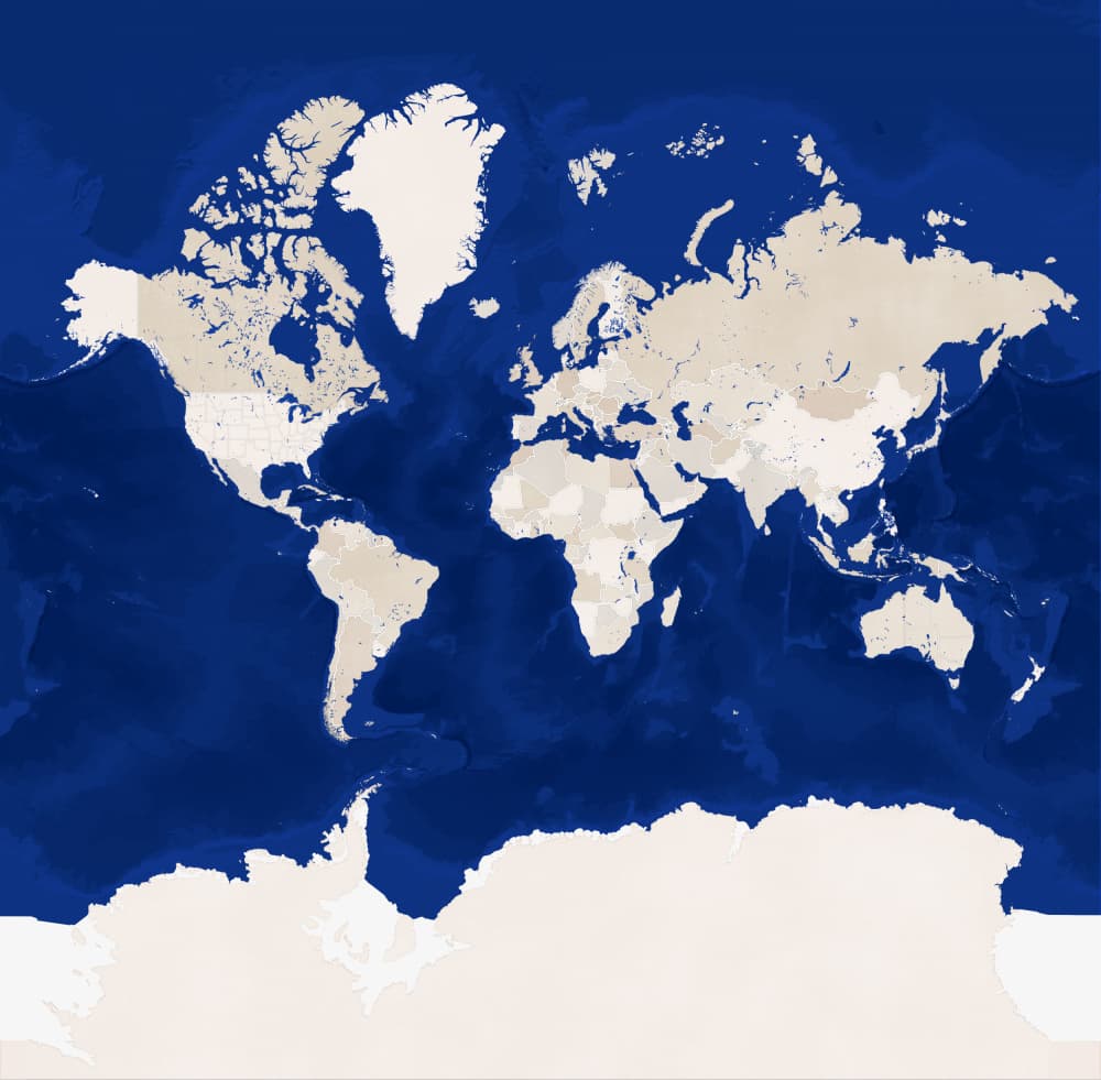Deep Blue World Map by Rosana Laiz Blursbyai — canvas wall art