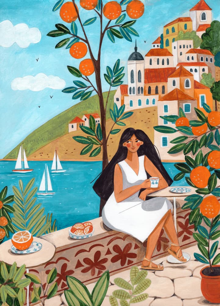 Travel poster woman in Mediterranean coast by Caroline Bonne Müller — canvas wall art