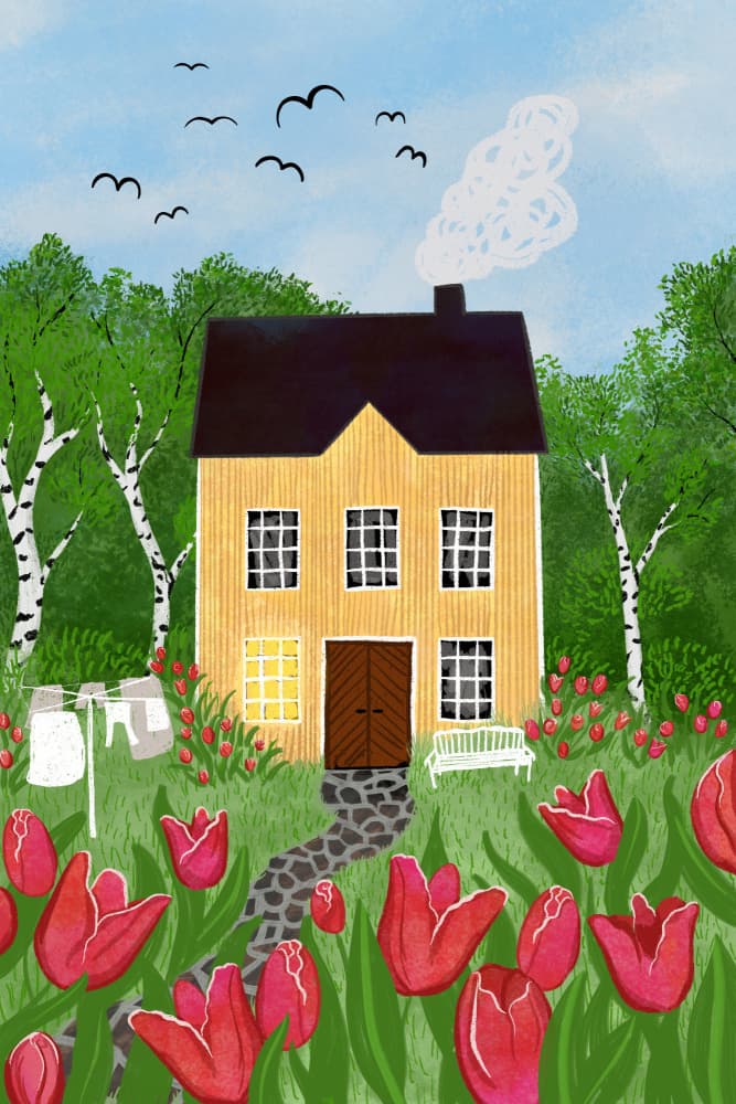Spring Tulip Cottage by EMELIEmaria — canvas wall art