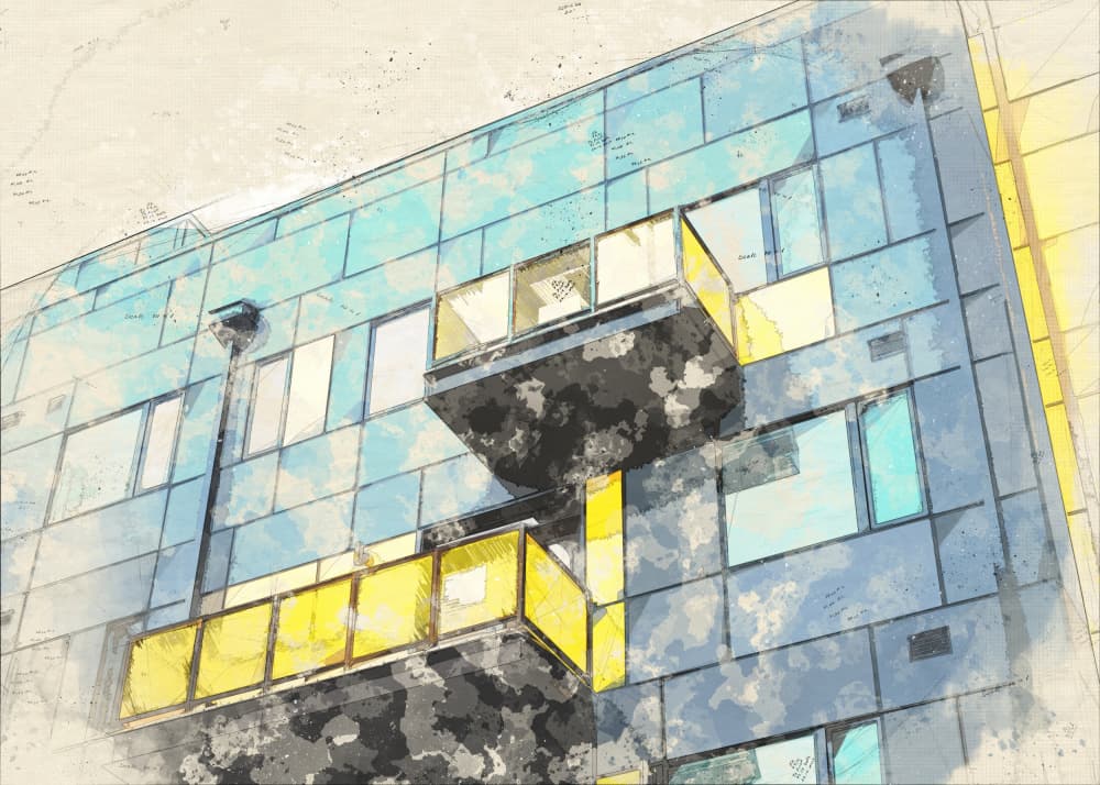 Modern Building Sketch by Lembayung senja studio [Vintage Poster] — canvas wall art