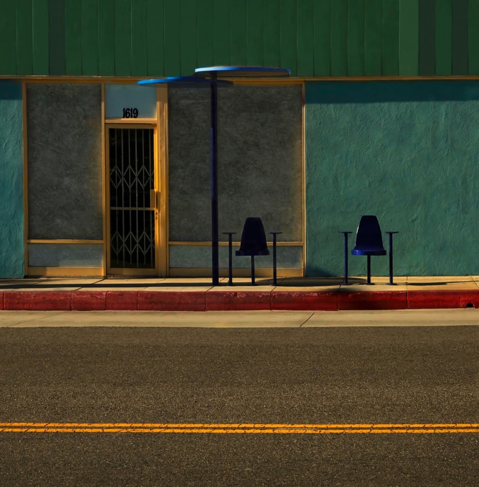 Blue Bus Stop Chairs by Roxana Labagnara — canvas wall art