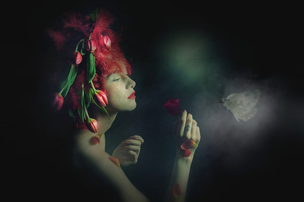 Dreamy Woman Red Tulips by Adela Lia Rusu — canvas wall art