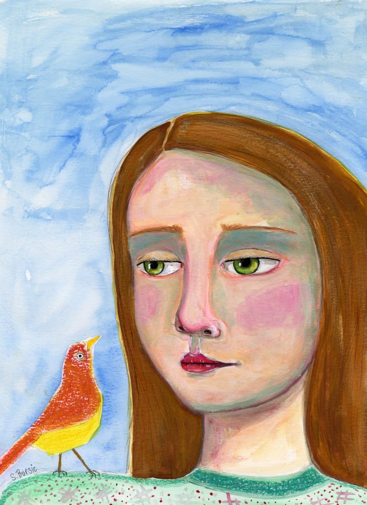 Whimsical Girl and Bird by Sharyn Bursic — canvas wall art