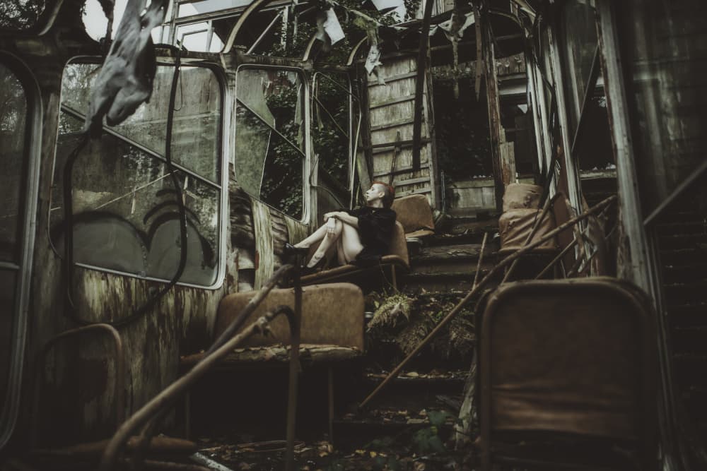 Girl In Abandoned Bus by Georgios Bero — canvas wall art