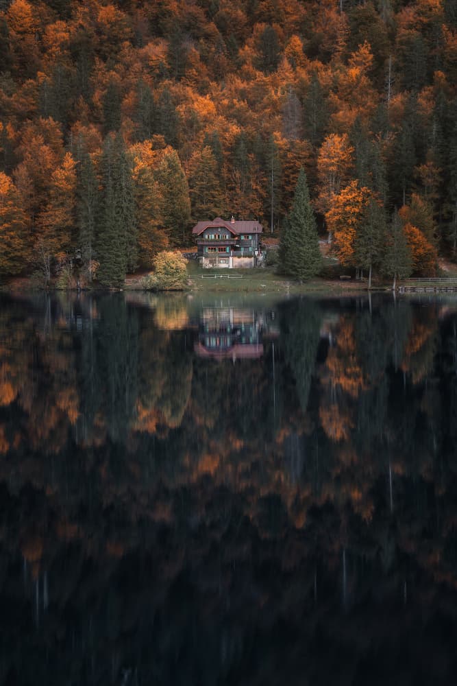Autumn Lake House Reflection by Thomas de Franzoni — canvas wall art
