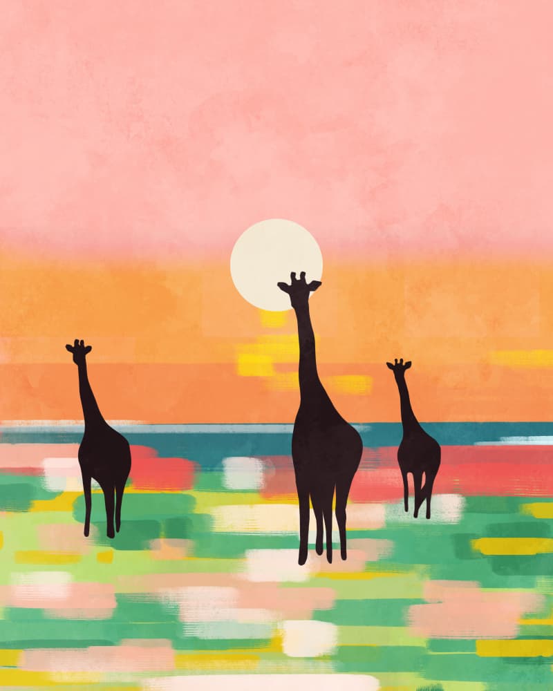 Vibrant Sunset Giraffes by Kintsugi99 — canvas wall art