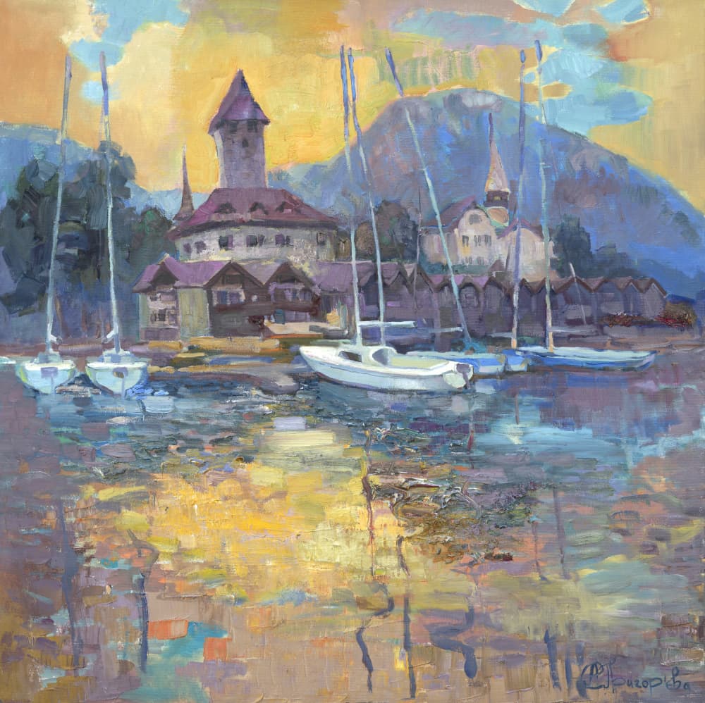 Sailboats Lake Reflections by Anastasiia Grygorieva — canvas wall art