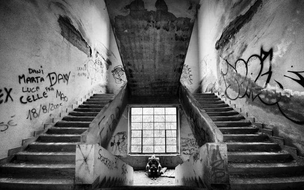 Abandoned Stairwell Symmetry by Carlo Ferrara — canvas wall art