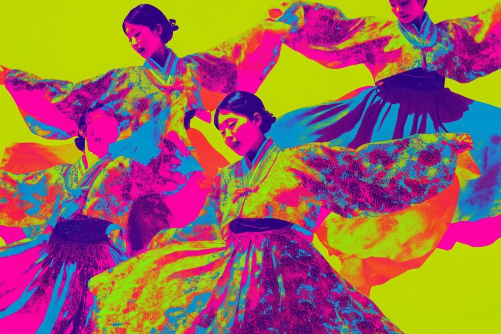Colorful Hanbok Dancers by Treechild — canvas wall art
