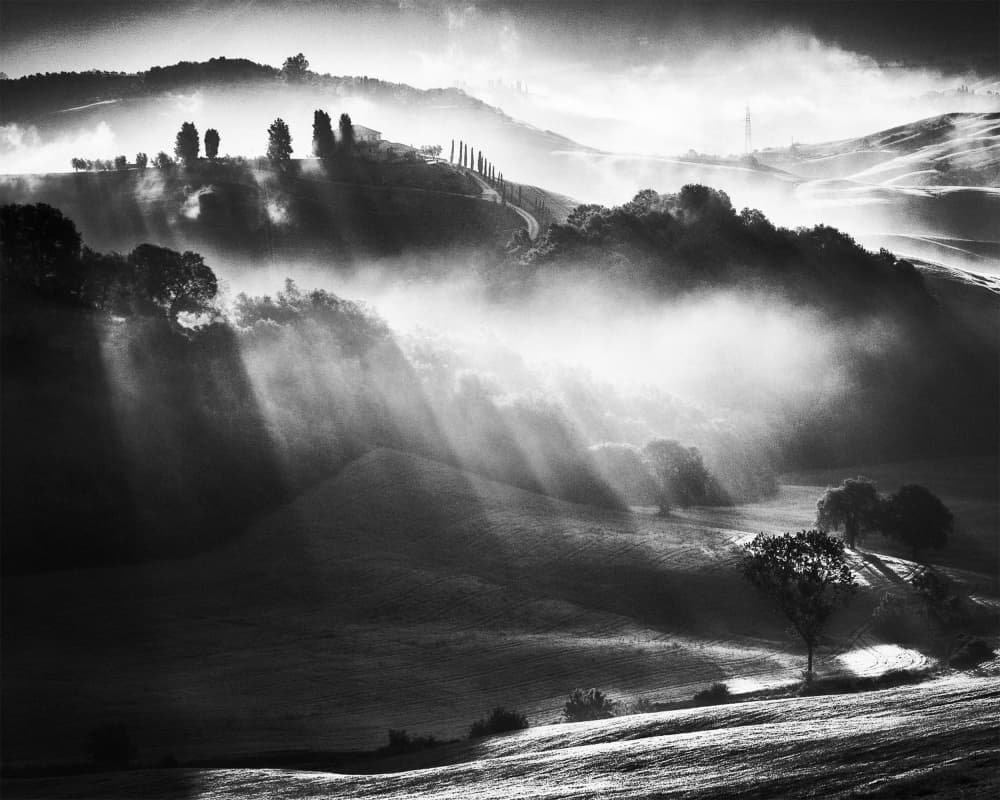 Misty Hillside Sun Rays by Sebastian Prioteasa — canvas wall art