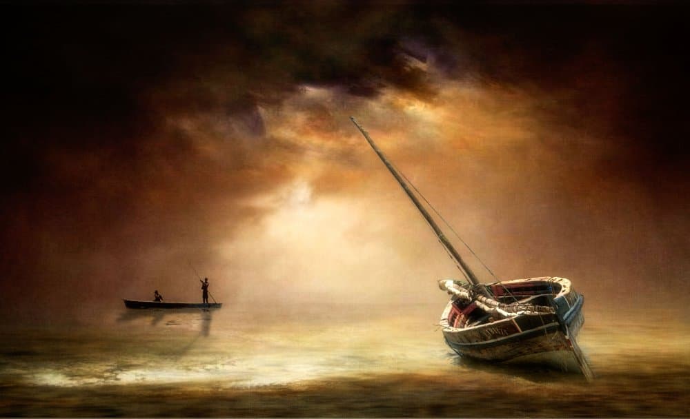 Dramatic Boats Golden Sky by Charlaine Gerber — canvas wall art