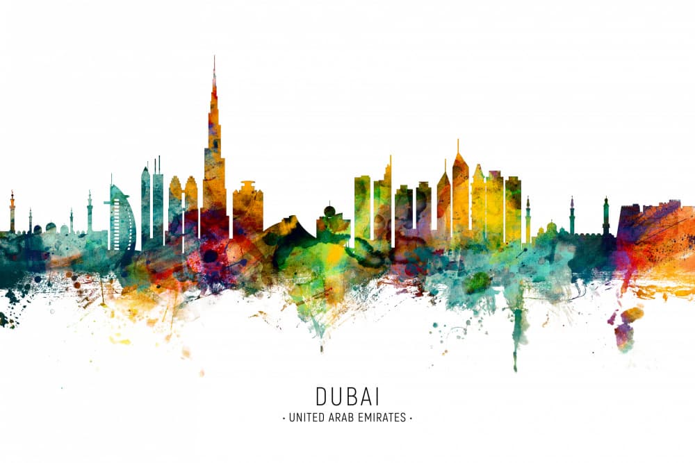 Colorful Dubai Skyline by Michael Tompsett — canvas wall art