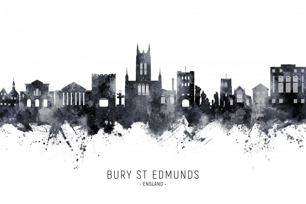 Bury St Edmunds Skyline Watercolor by Michael Tompsett — canvas wall art