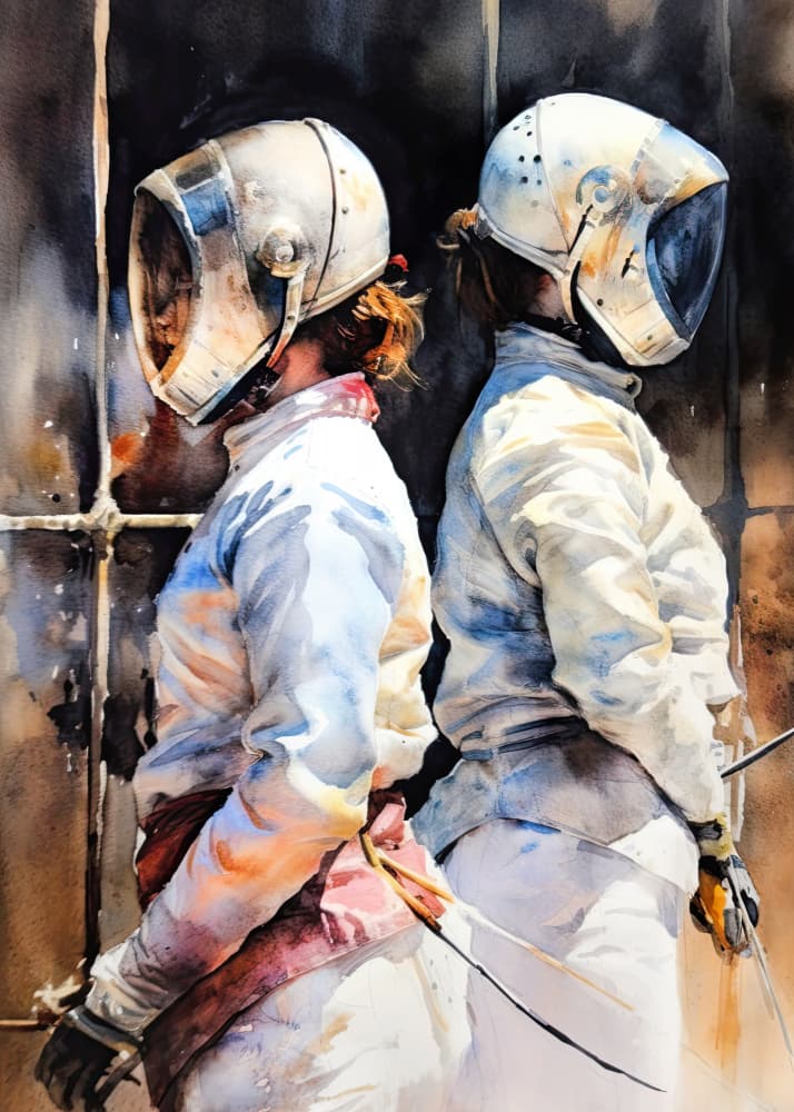 Fencing Athletes Helmets by Justyna Jaszke — canvas wall art