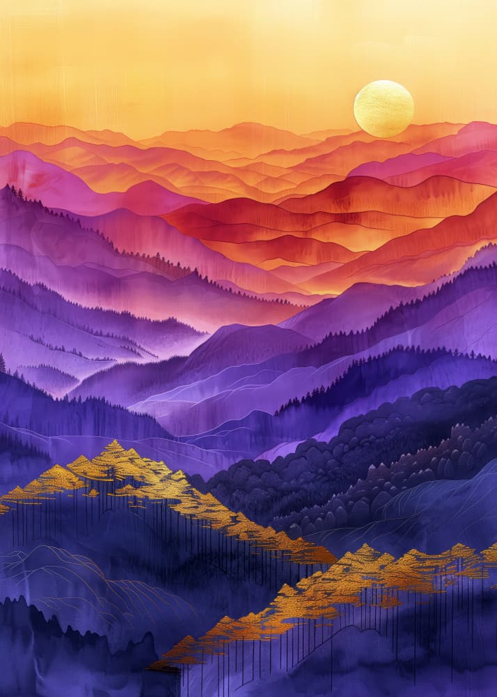 Misty Mountain Sunset Glow by Justyna Jaszke — canvas wall art