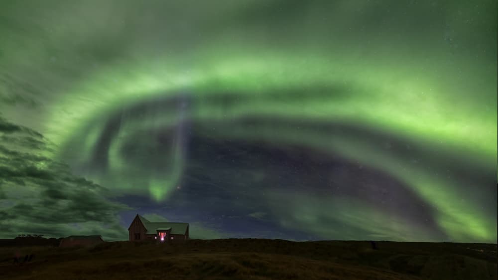 Northern Lights Over Cabin by Dennis Zhang — canvas wall art
