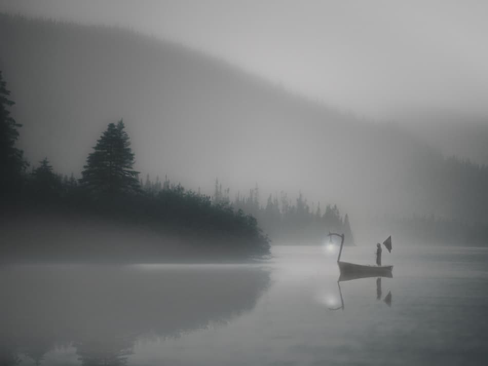 Misty Lake Boat by David Senechal Photographie (polydactyle) — canvas wall art