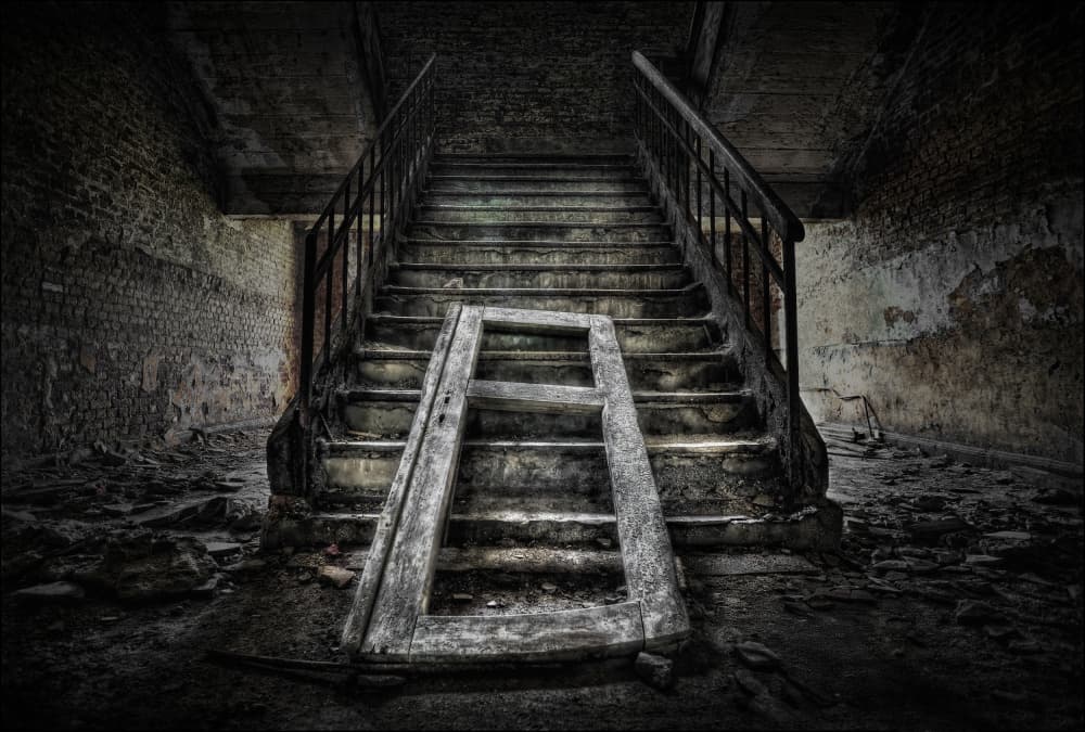 Eerie Abandoned Staircase by Jan Scheunders — canvas wall art