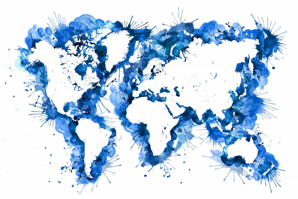 Blue Watercolor World Map by Rosana Laiz Blursbyai — canvas wall art