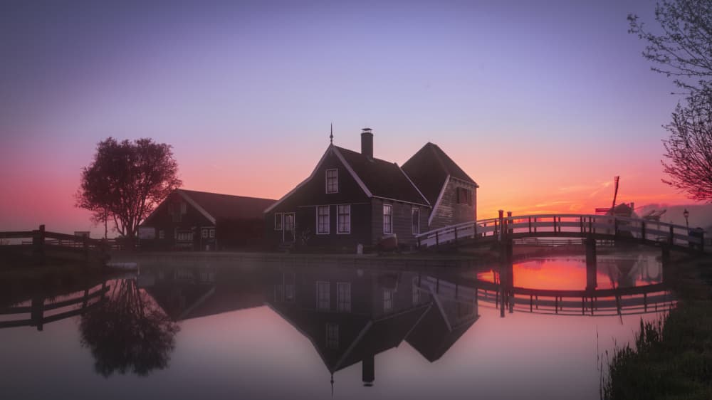 Dutch Village Sunset Reflection by JUAN CARLOS HERVÁS MARTÍNEZ — canvas wall art