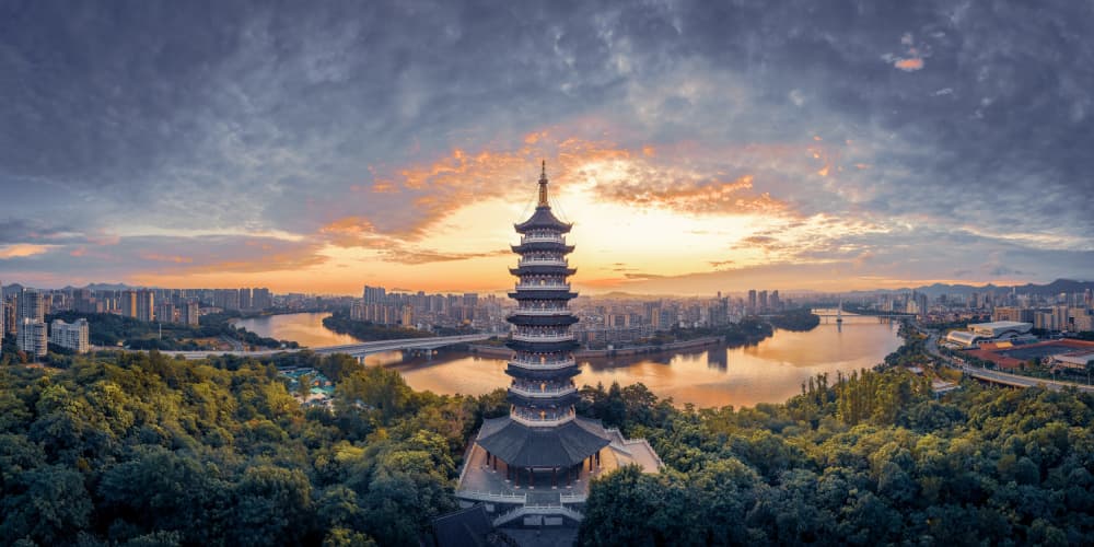 Riverside Pagoda Sunset by qiye — canvas wall art
