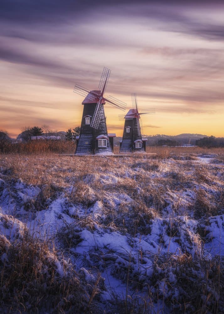 Winter Sunset Windmills by Tiger Seo — canvas wall art