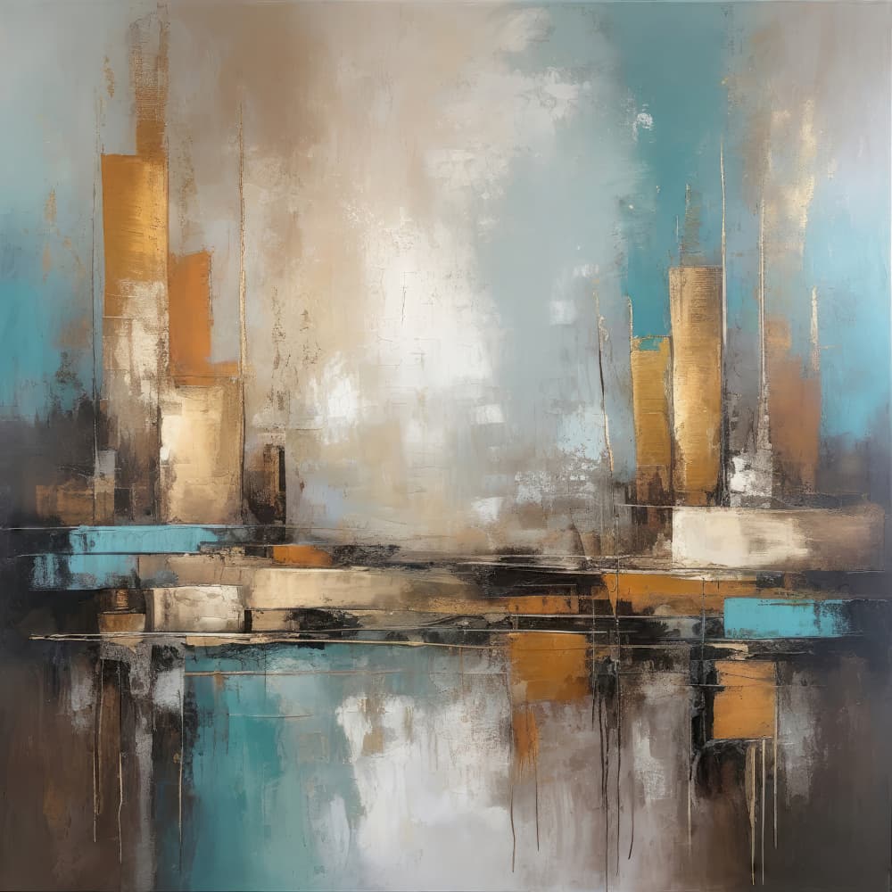 Teal Gold Cityscape by Alpenglow Workshop — canvas wall art