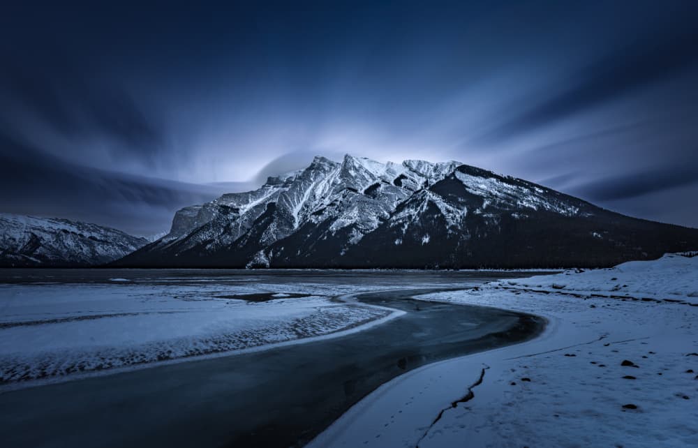 Frozen River Mountain Night by Bing Li — canvas wall art