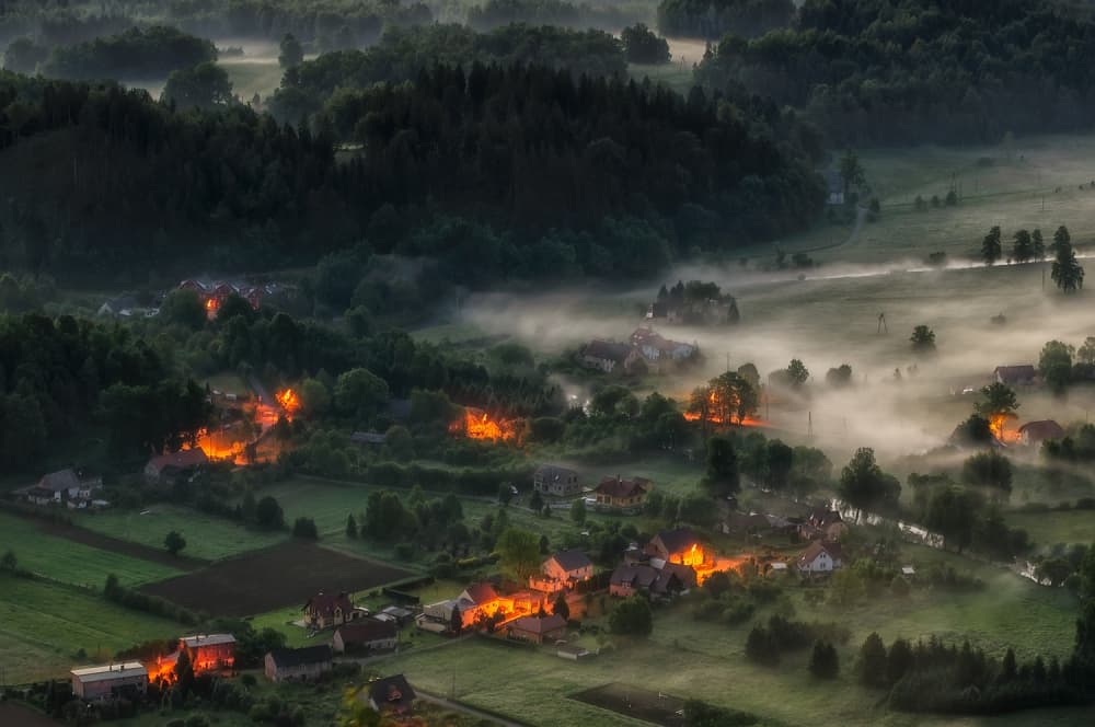 Misty Village Dawn by Piotr Krol (Bax) — canvas wall art