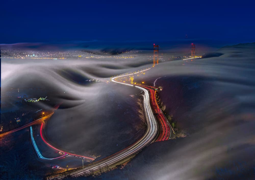 Golden Gate Fog Trails by Jiahong Zeng — canvas wall art