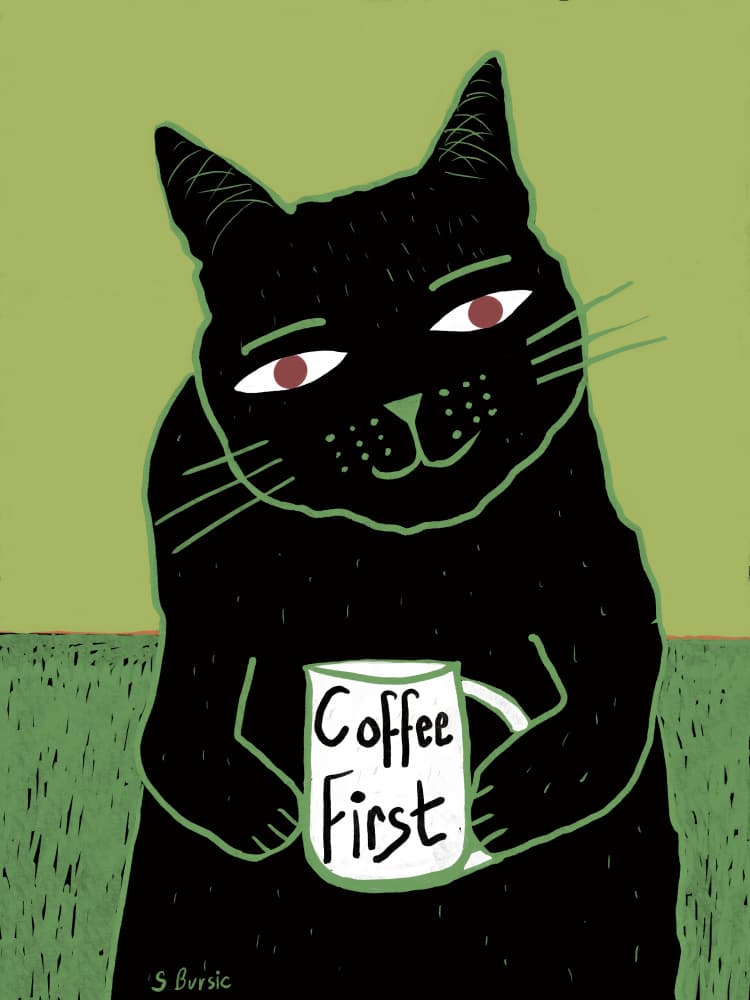 Black Cat Coffee First by Sharyn Bursic — canvas wall art