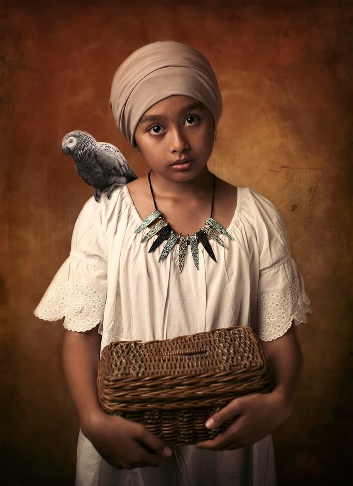 Girl With Parrot and Basket by Hari Sulistiawan — canvas wall art