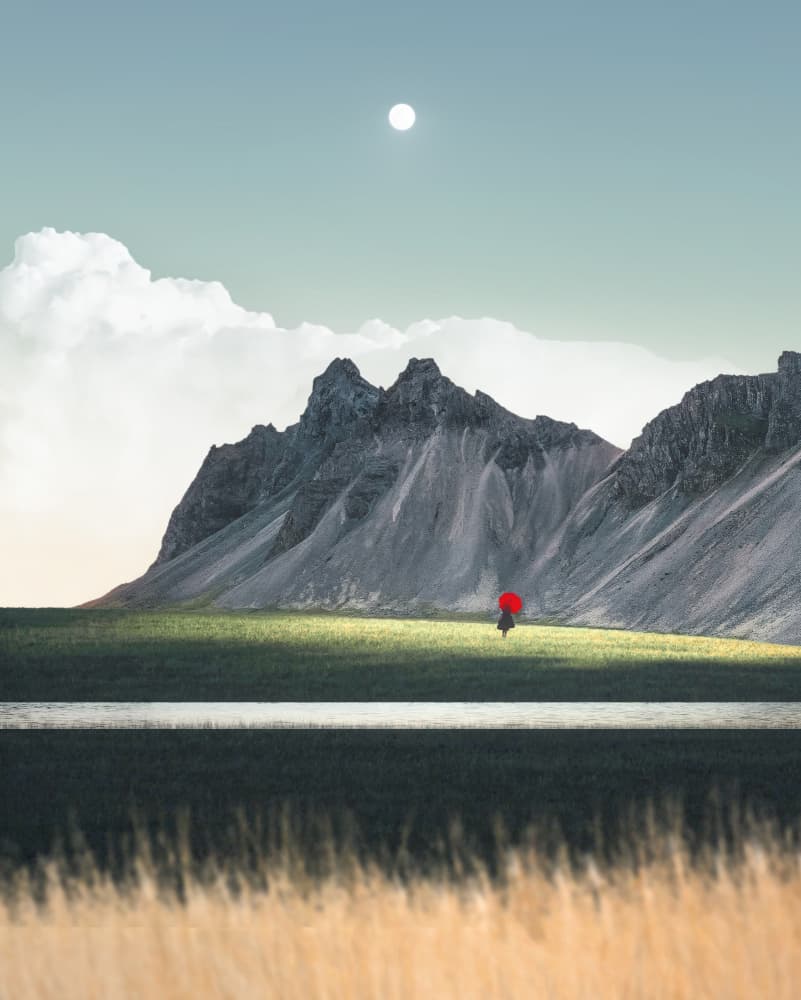 Solitary Red Umbrella Mountains by cvv — canvas wall art