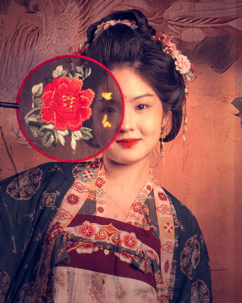 Elegant Hanfu Fan Portrait by Deming W — canvas wall art