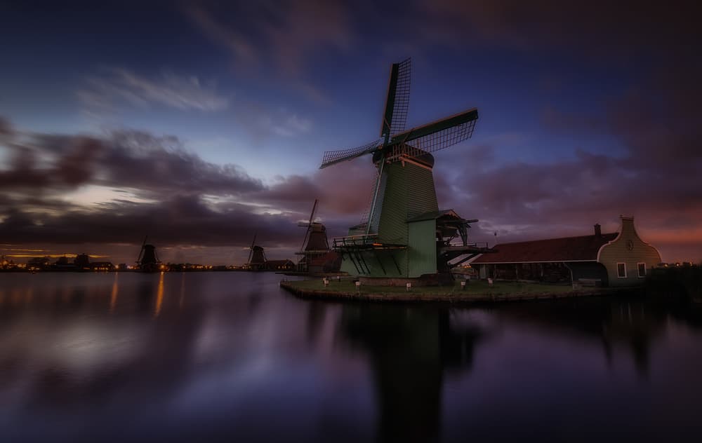 Dutch Windmills at Dusk by Adhemar Duro — canvas wall art