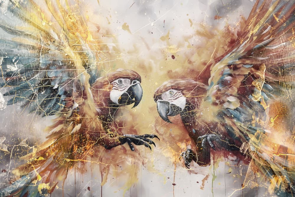 Vibrant Macaws Dynamic Art by Rafal Kulik — canvas wall art